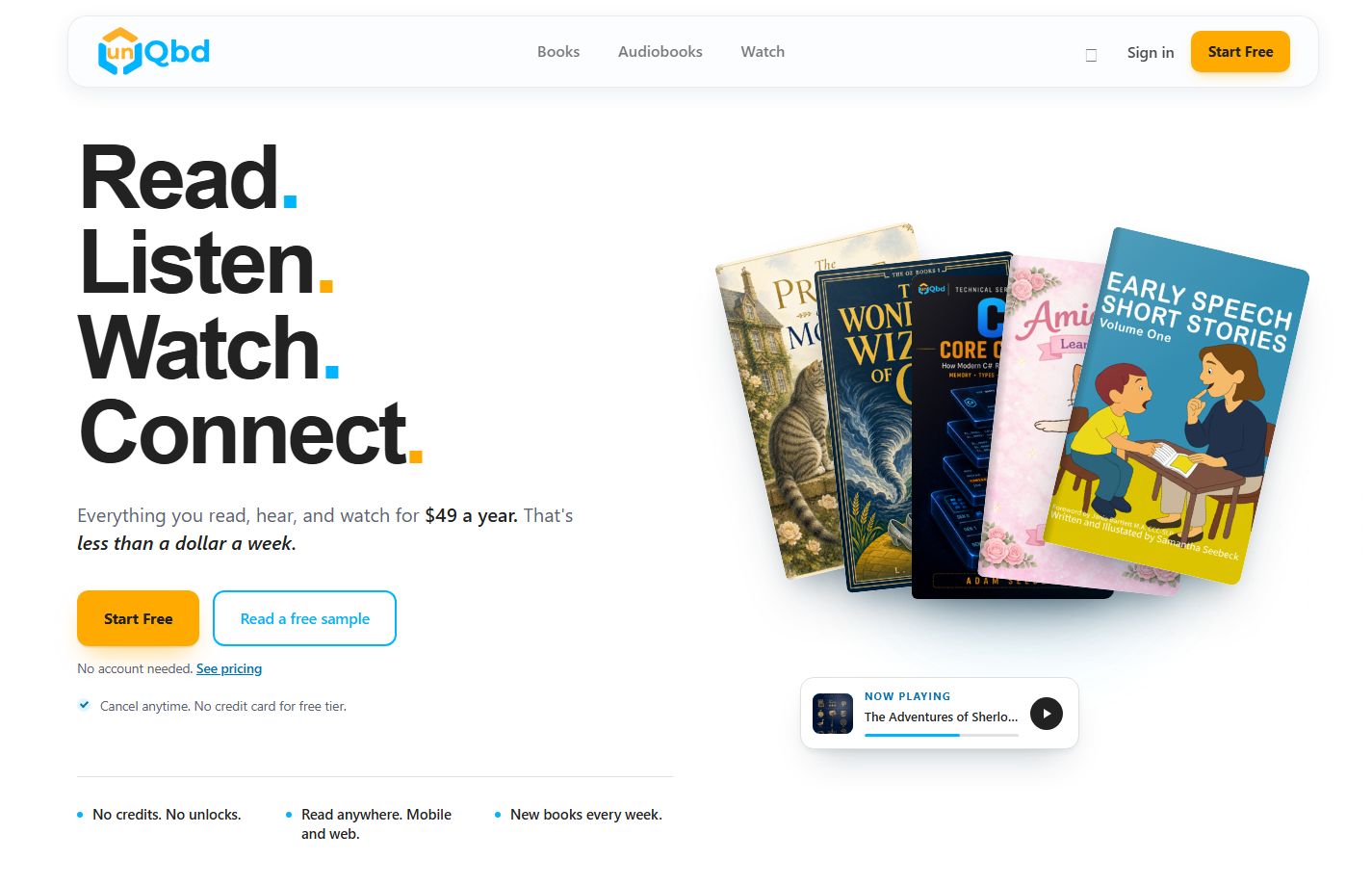 unQbd's public homepage, featuring Read, Listen, Watch, Connect and a selection of books.